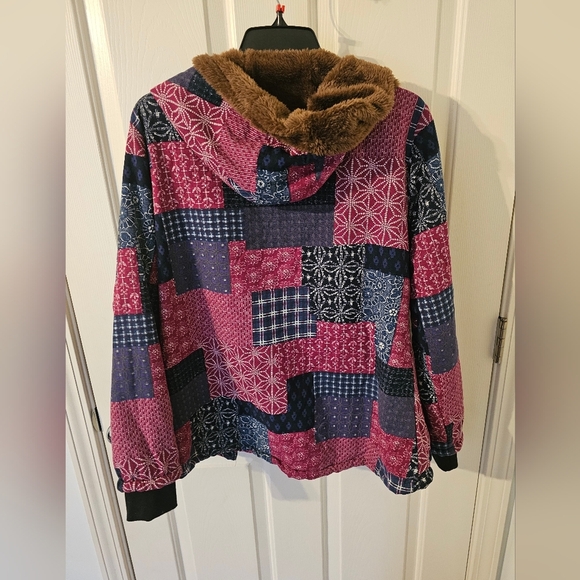Faux Patchwork Cotton Linen Blend Faux Fur Lined Jacket Size XL - Picture 6 of 7